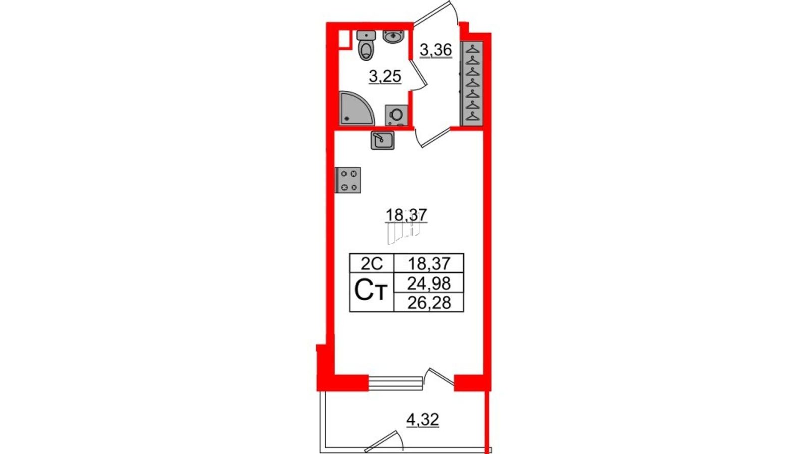 Планировка: студия, 25,0 м²