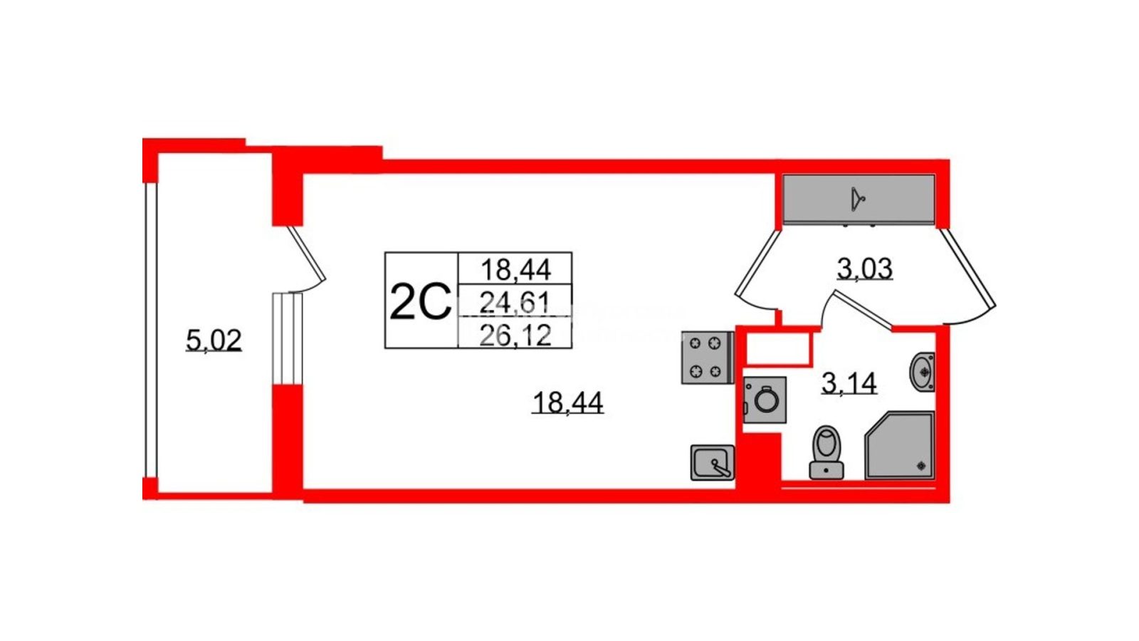 Планировка: студия, 24,6 м²