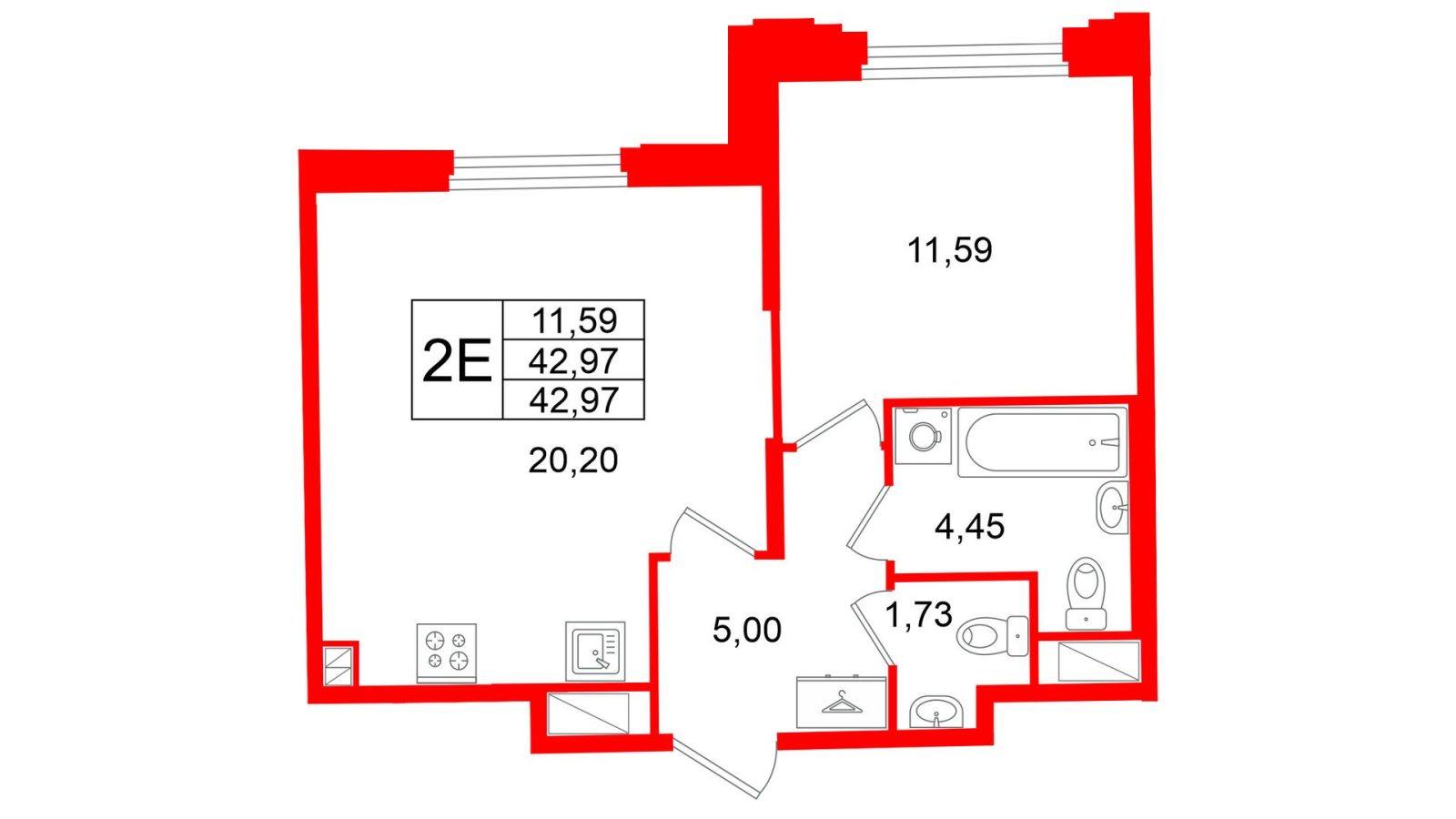 Планировка: 1-комнатная квартира, 43,0 м²