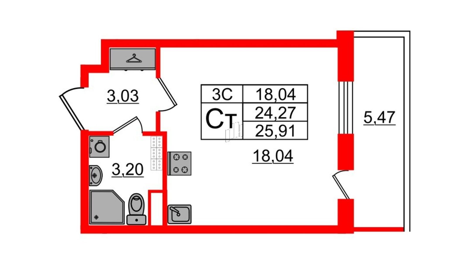 Планировка: студия, 23,9 м²