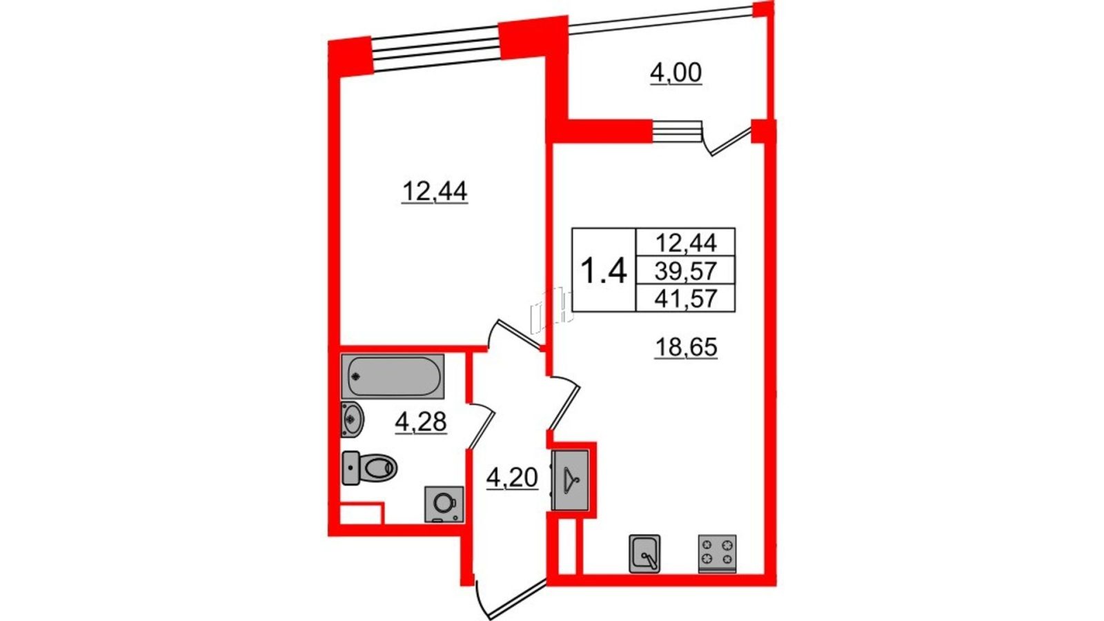 Планировка: 1-комнатная квартира, 39,6 м²