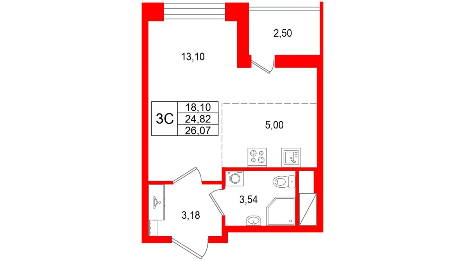 Планировка: студия, 24,8 м²