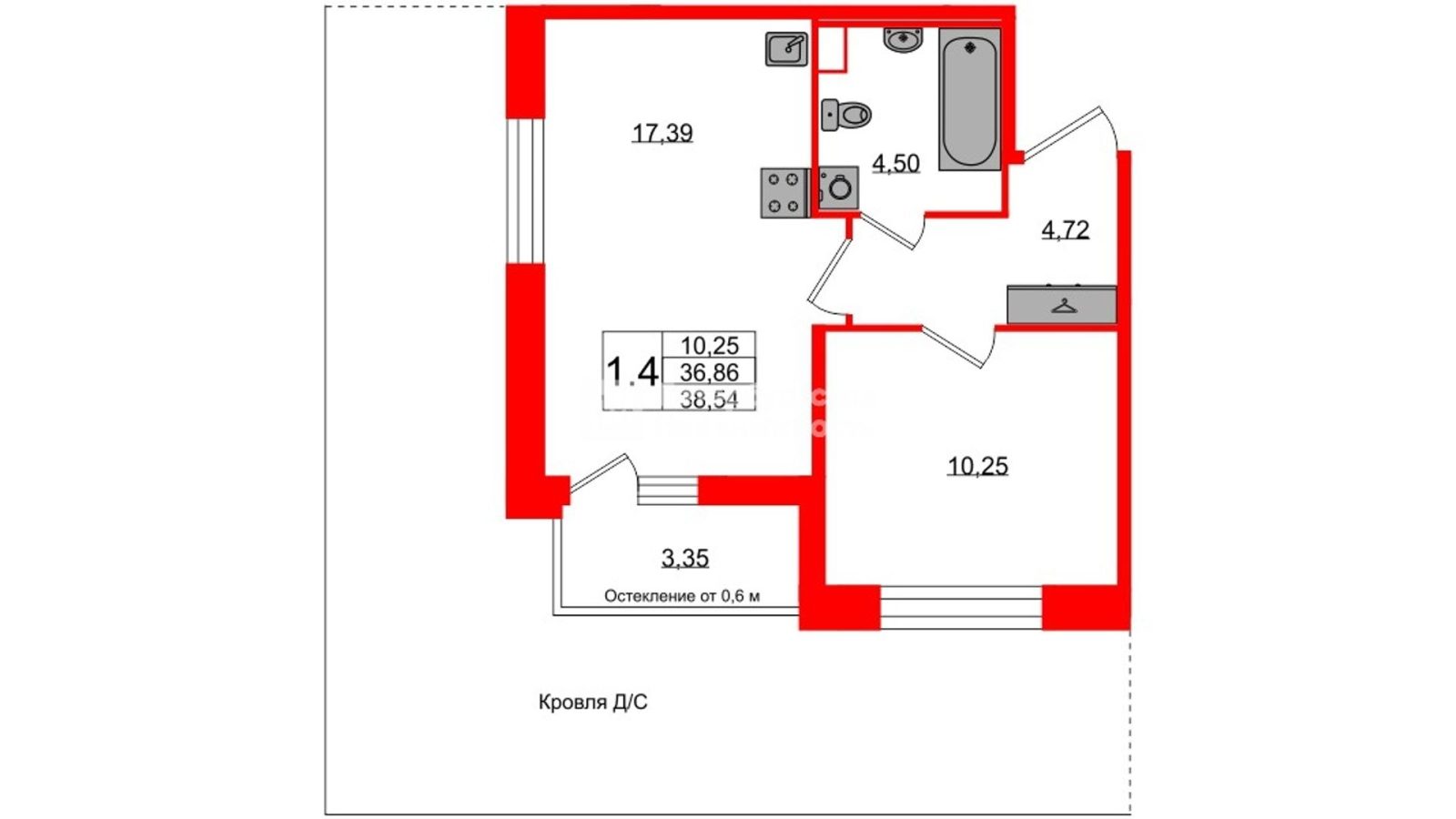 Планировка: 1-комнатная квартира, 36,9 м²
