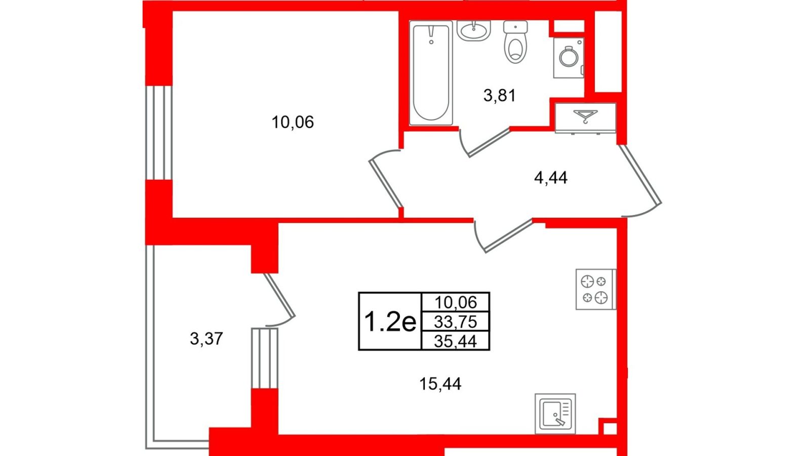 Планировка: 1-комнатная квартира, 33,8 м²