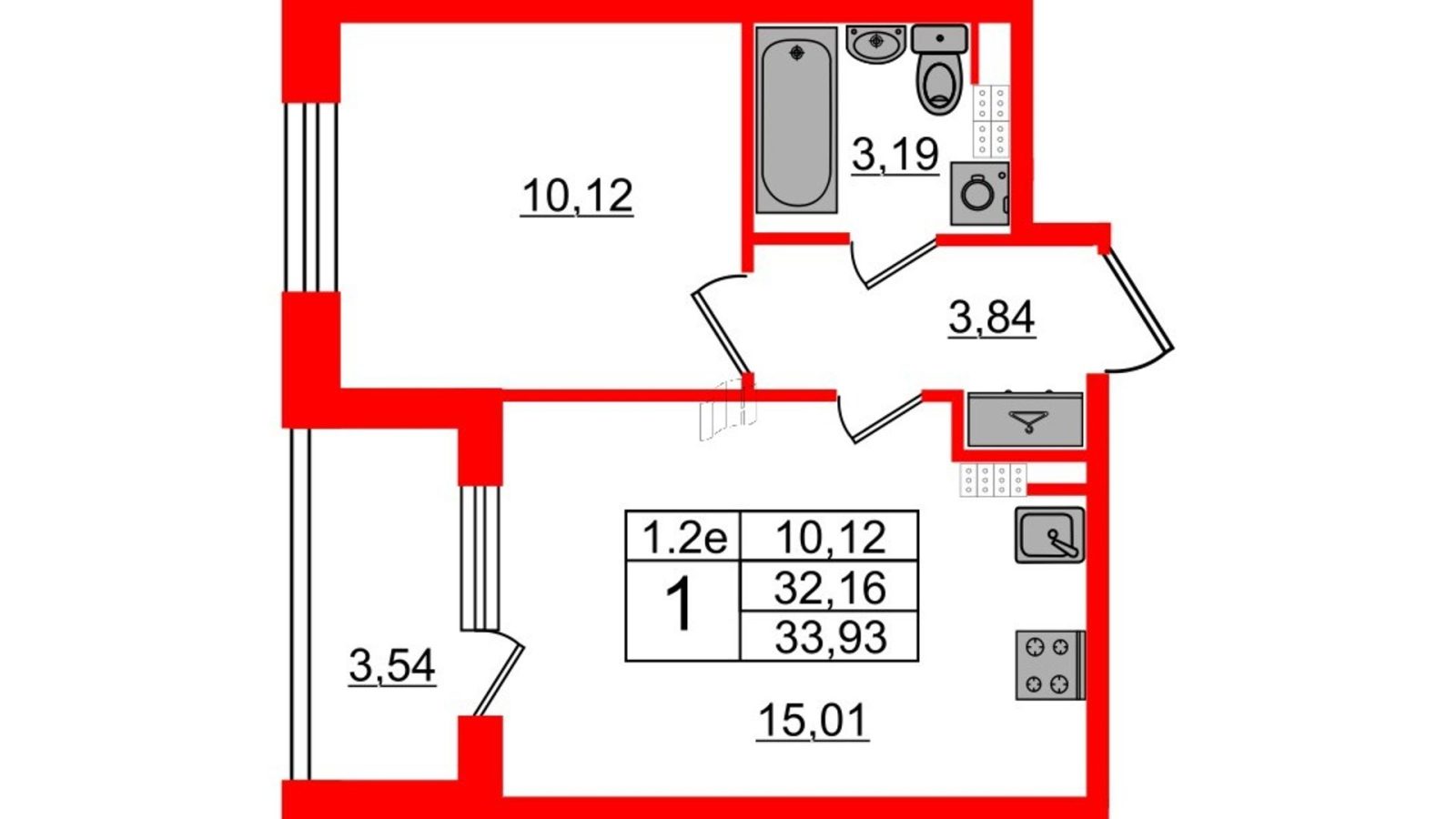 Планировка: 1-комнатная квартира, 31,6 м²