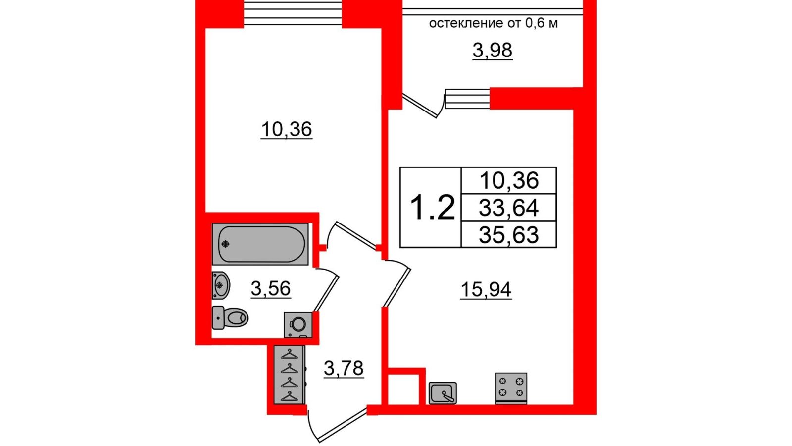Планировка: 1-комнатная квартира, 33,6 м²