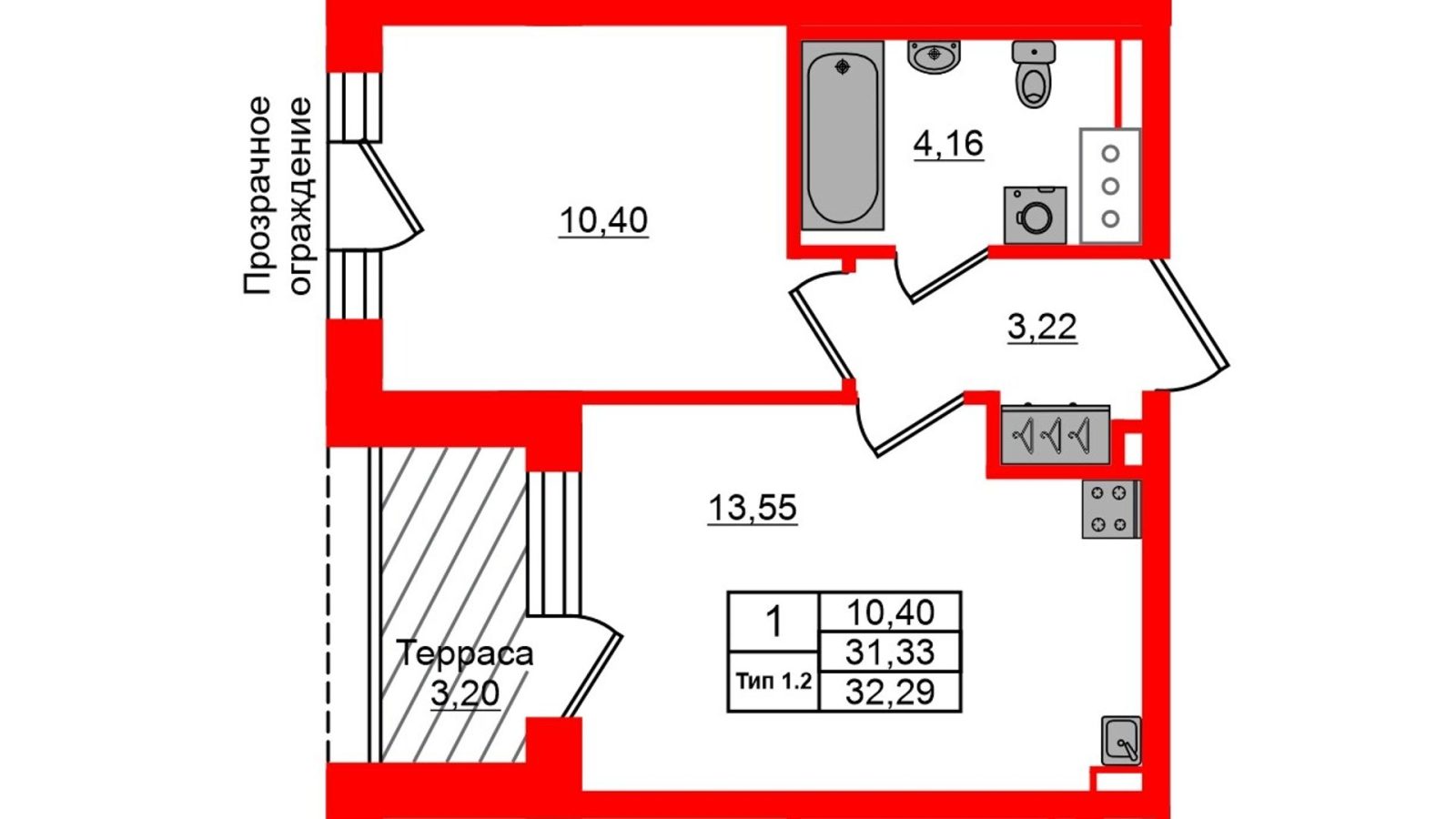 Планировка: 1-комнатная квартира, 31,3 м²