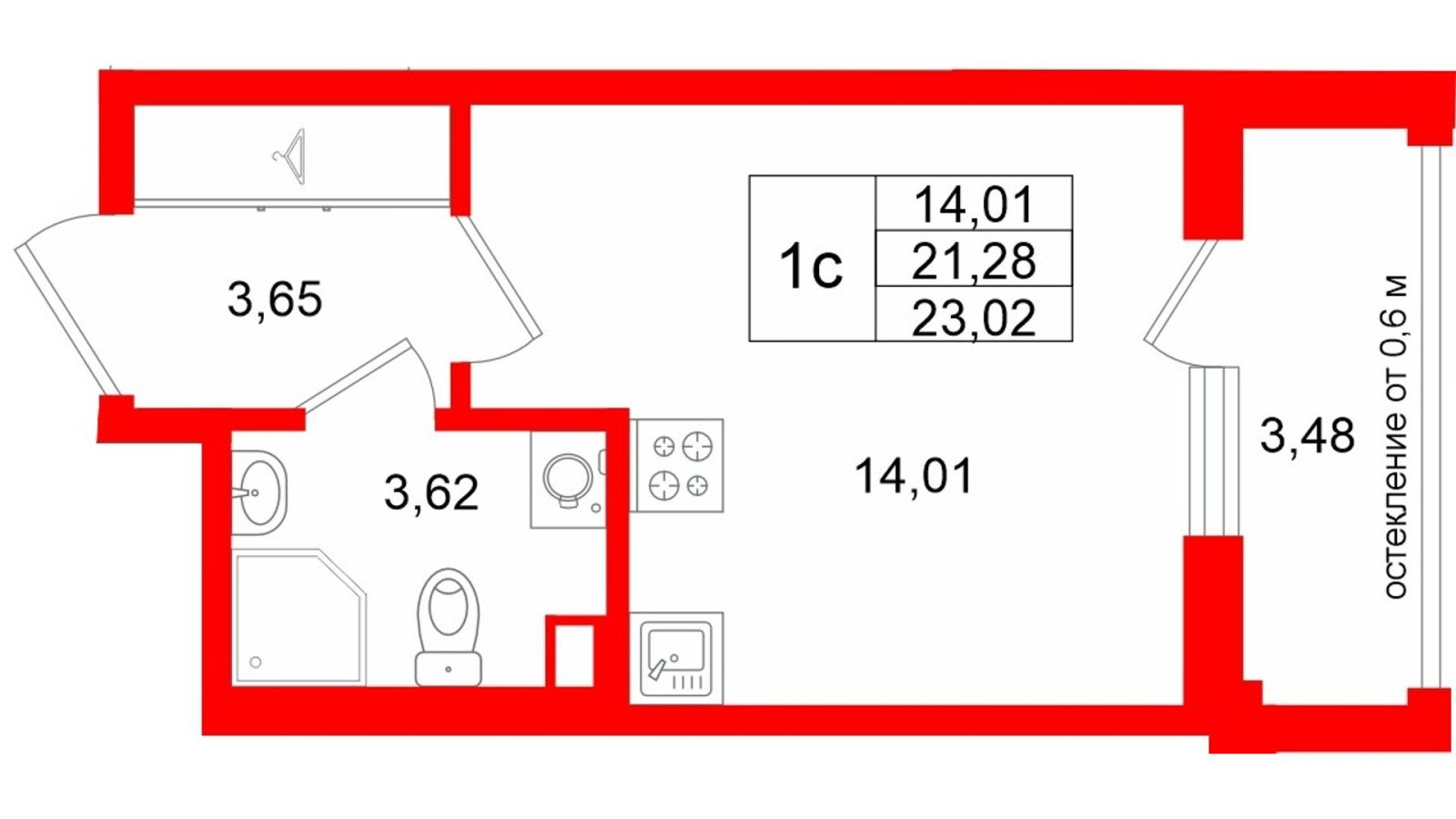 Планировка: студия, 21,3 м²