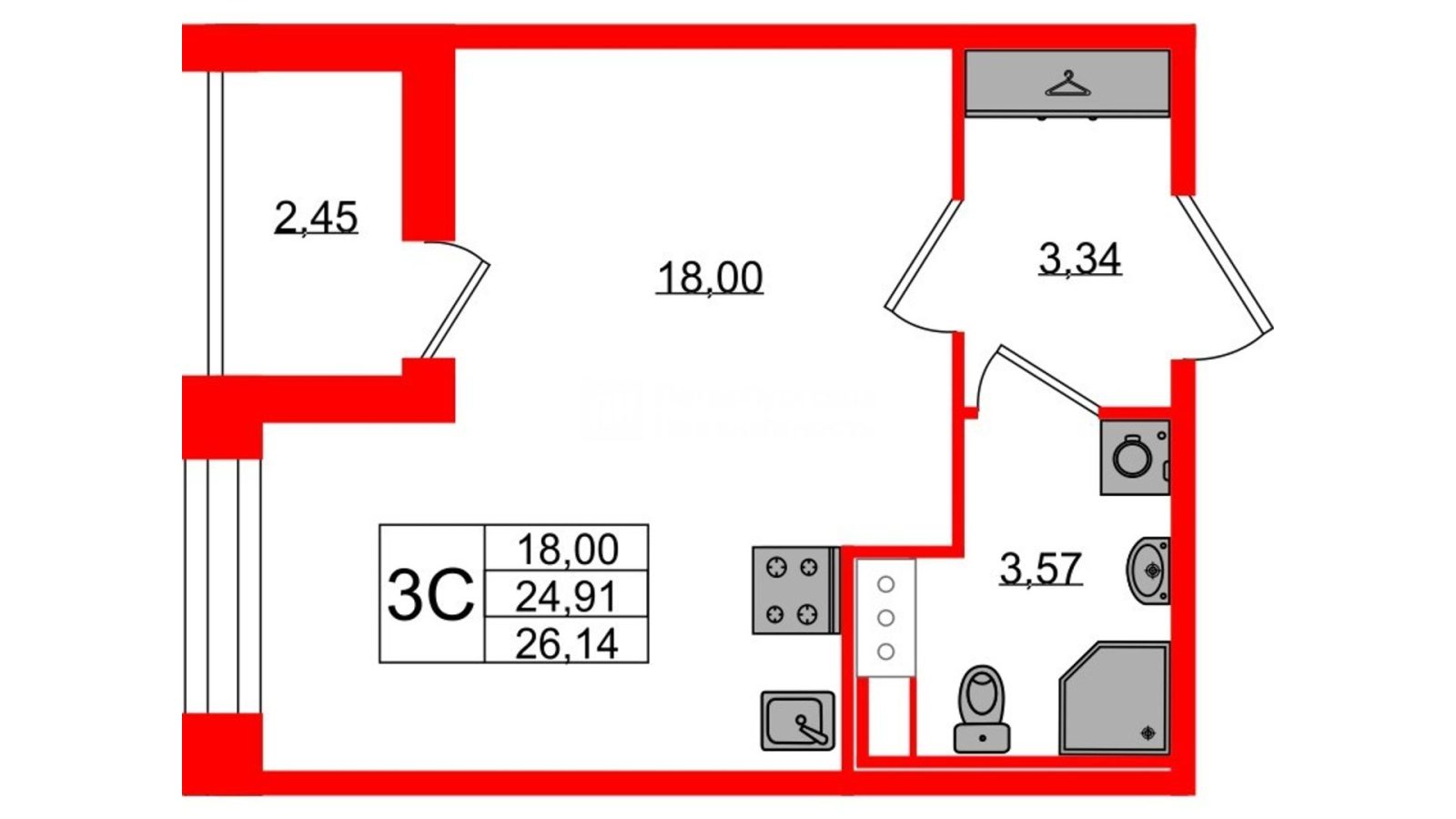 Планировка: студия, 24,9 м²