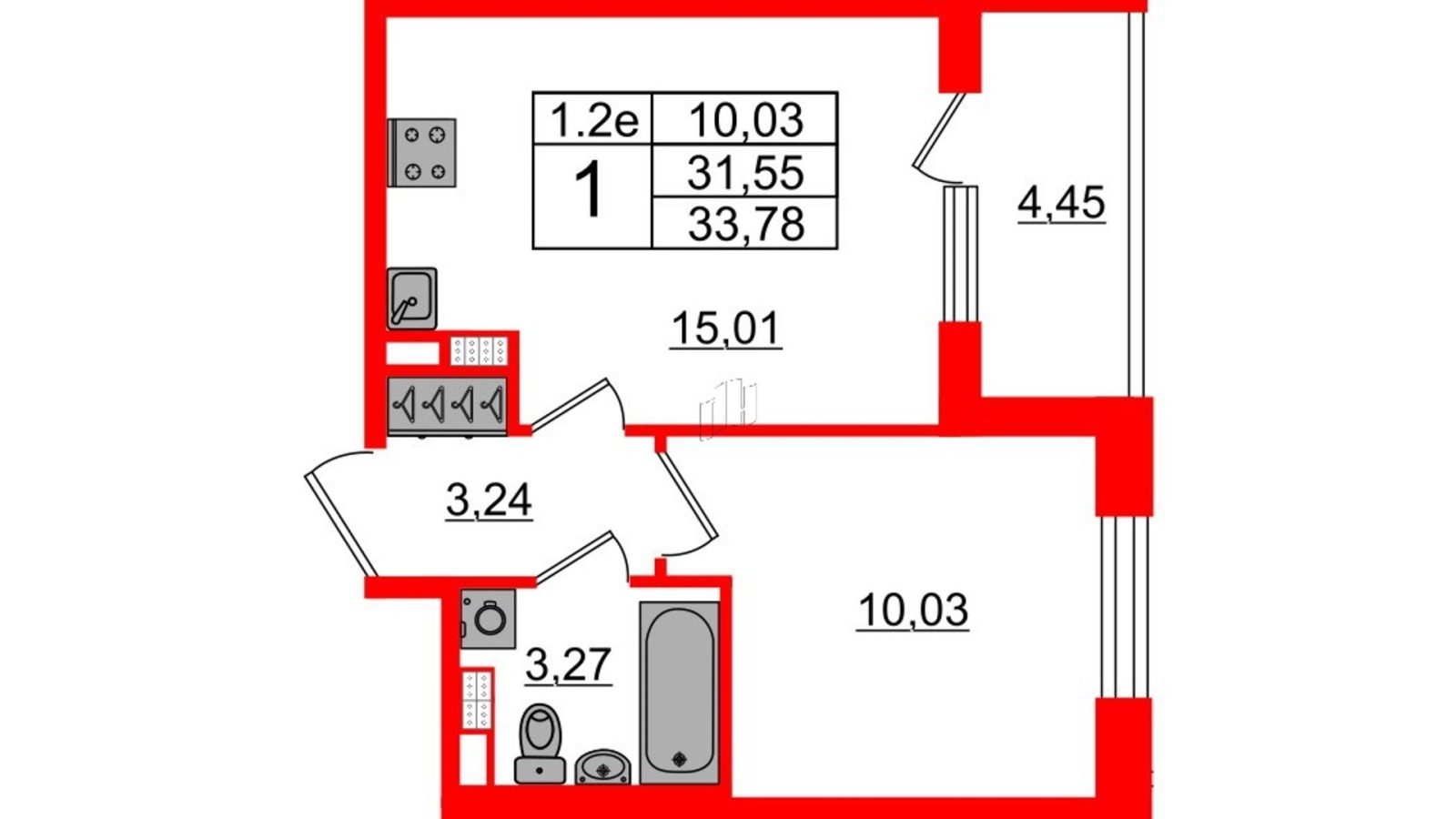 Планировка: 1-комнатная квартира, 31,6 м²