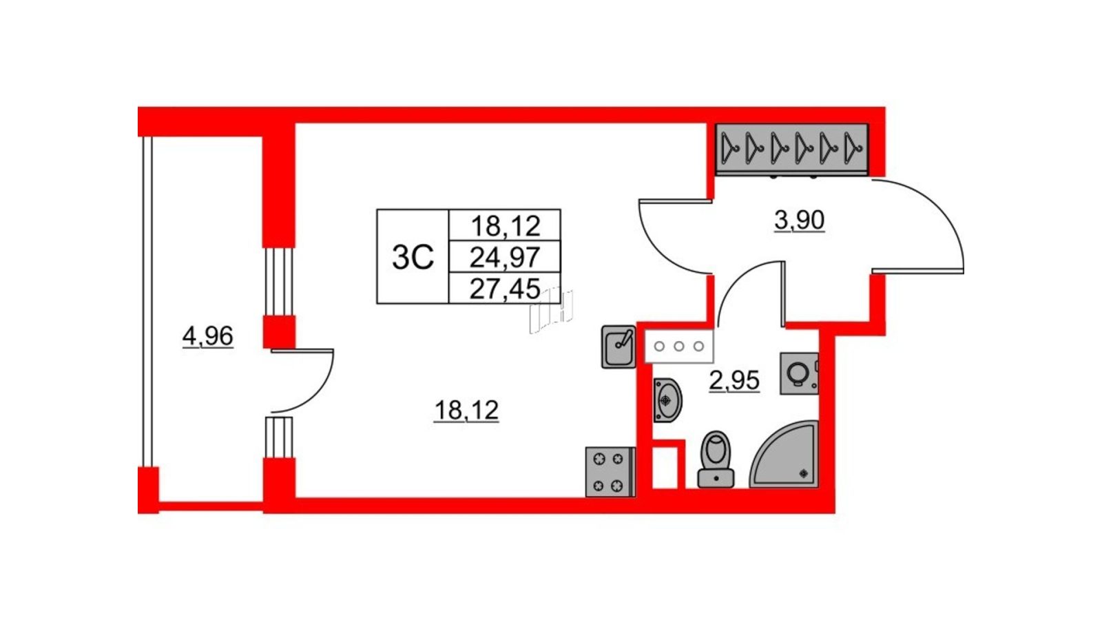 Планировка: студия, 25,0 м²