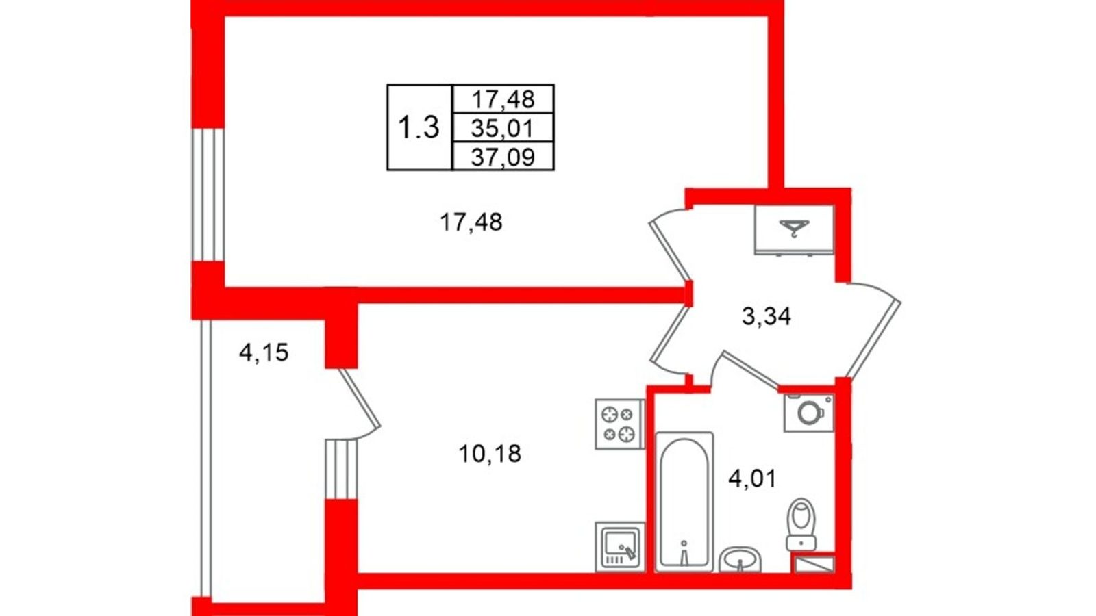 Планировка: 1-комнатная квартира, 35,0 м²