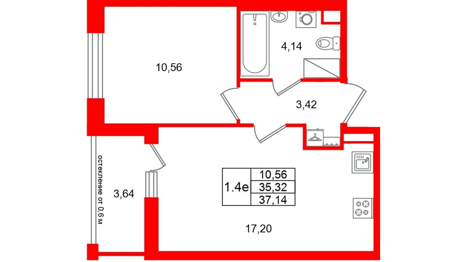 Планировка: 1-комнатная квартира, 35,3 м²