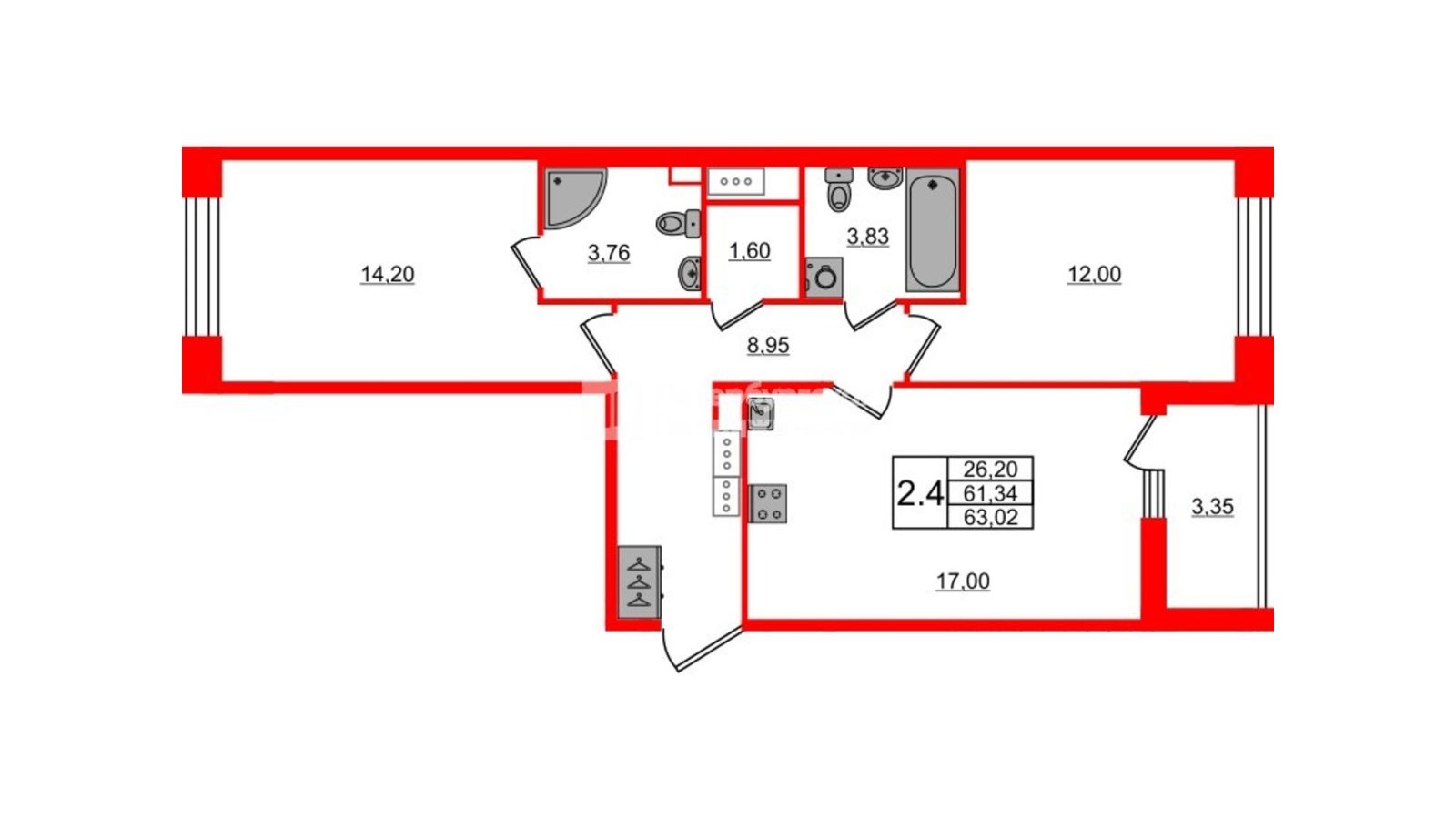 Планировка: 2-комнатная квартира, 61,3 м²