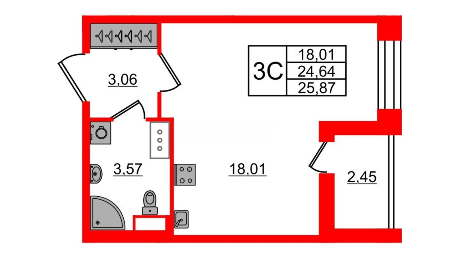 Планировка: студия, 24,6 м²