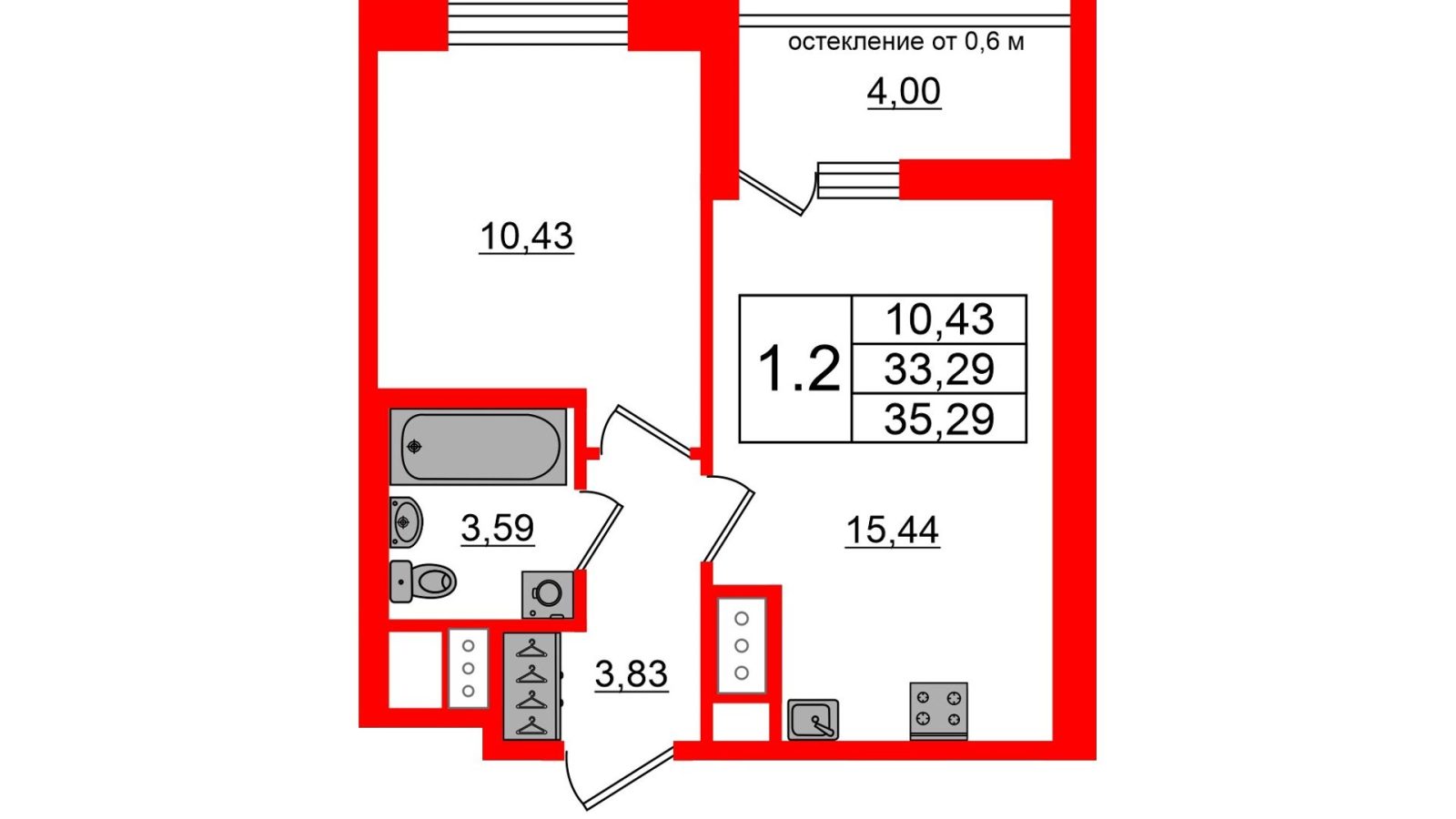 Планировка: 1-комнатная квартира, 33,3 м²