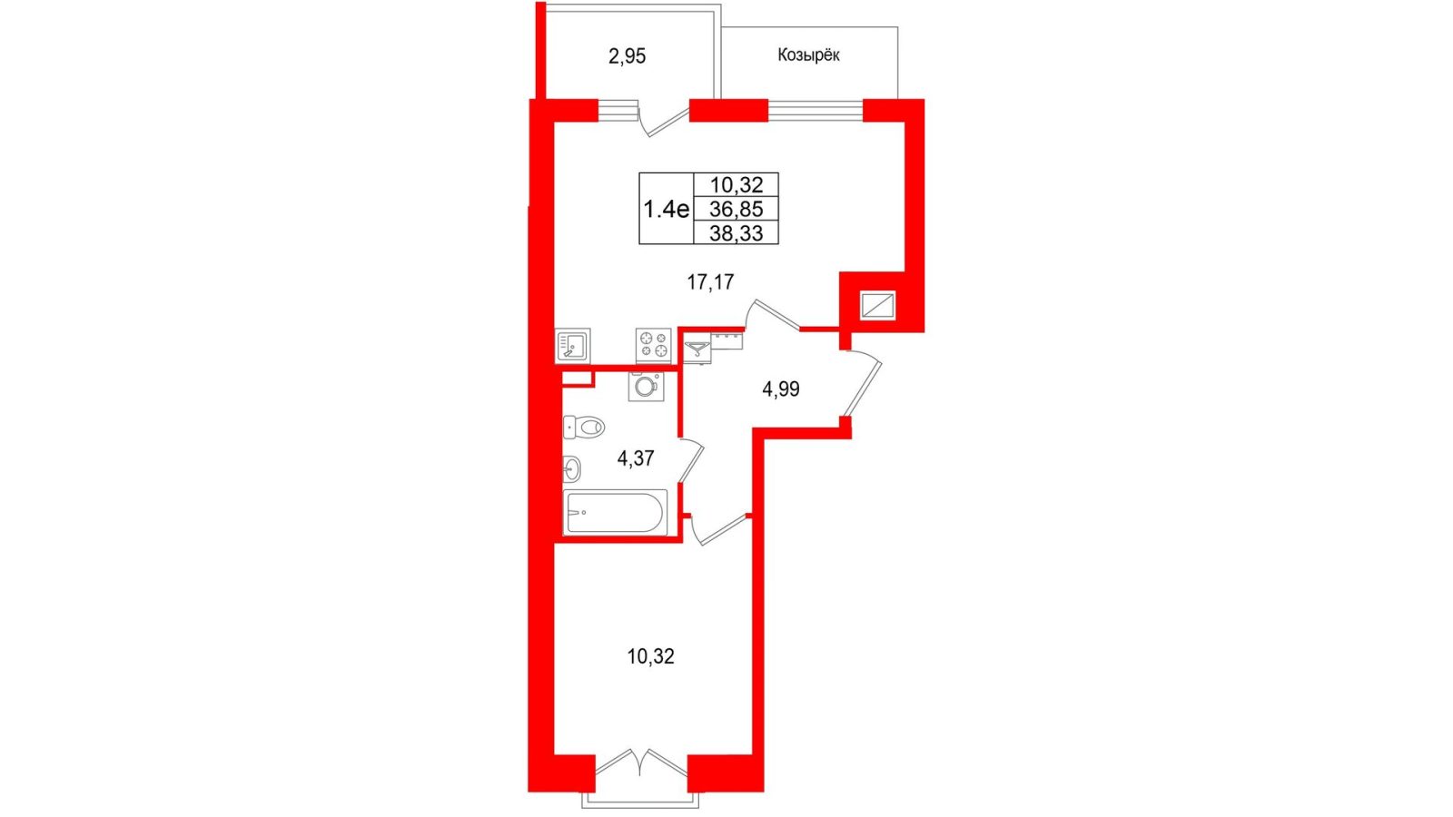 Планировка: 1-комнатная квартира, 36,9 м²