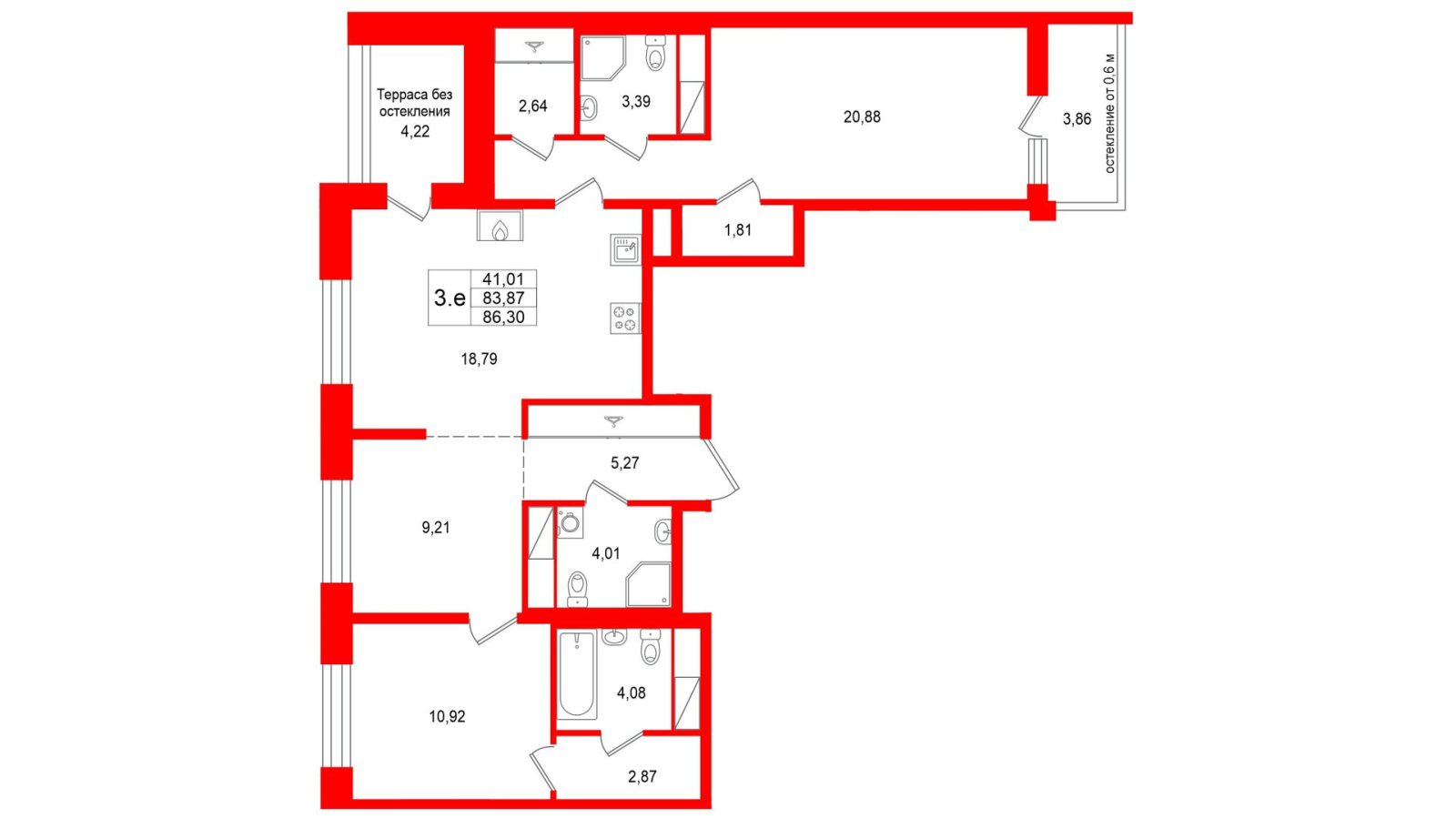 Планировка: 3-комнатная квартира, 83,9 м²
