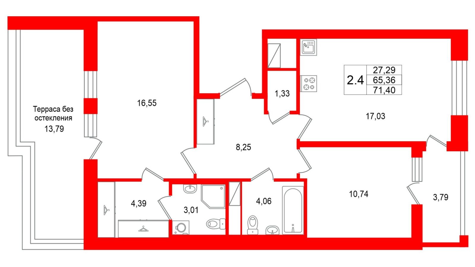 Планировка: 2-комнатная квартира, 65,4 м²