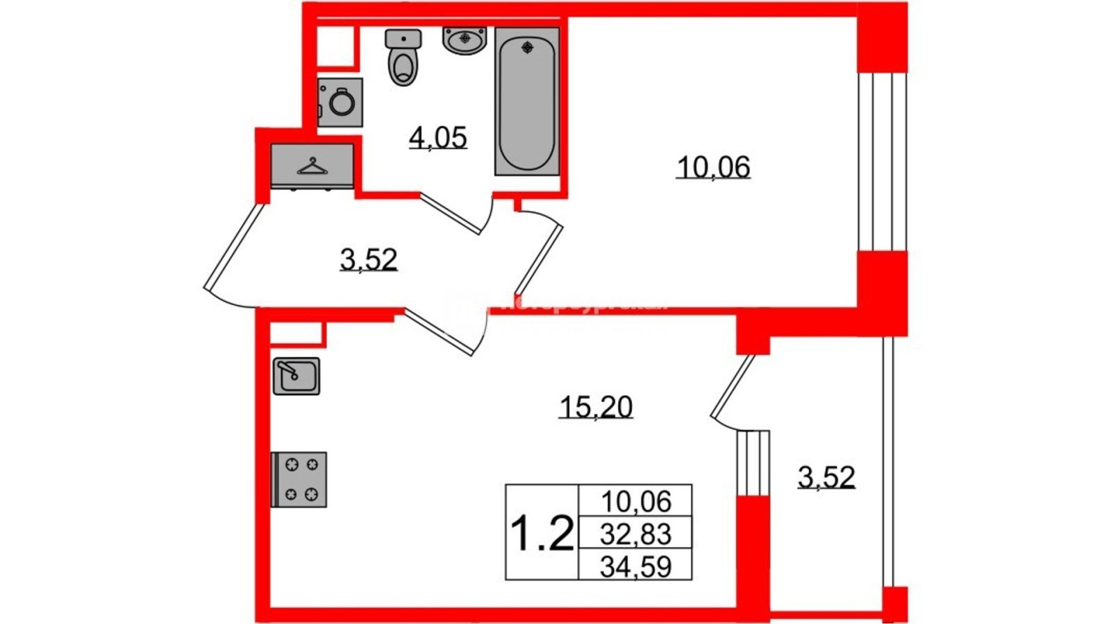 Планировка: 1-комнатная квартира, 32,8 м²