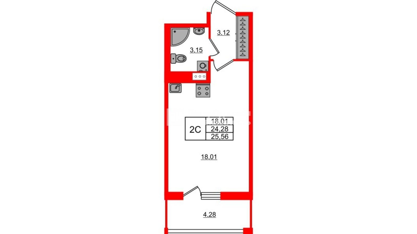 Планировка: студия, 24,3 м²