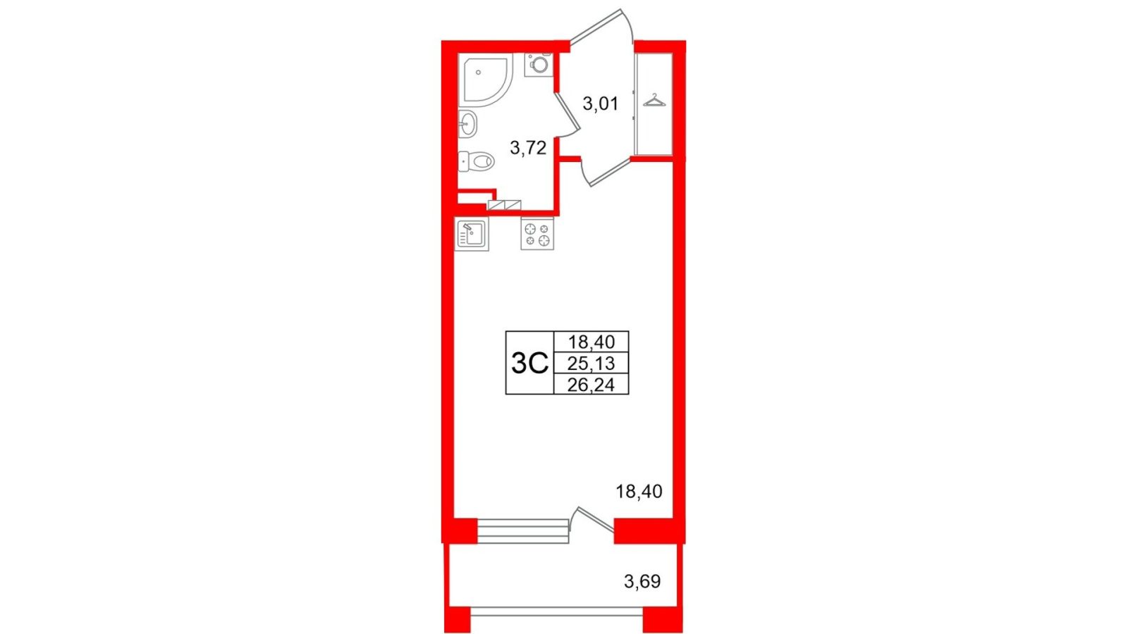 Планировка: студия, 25,1 м²