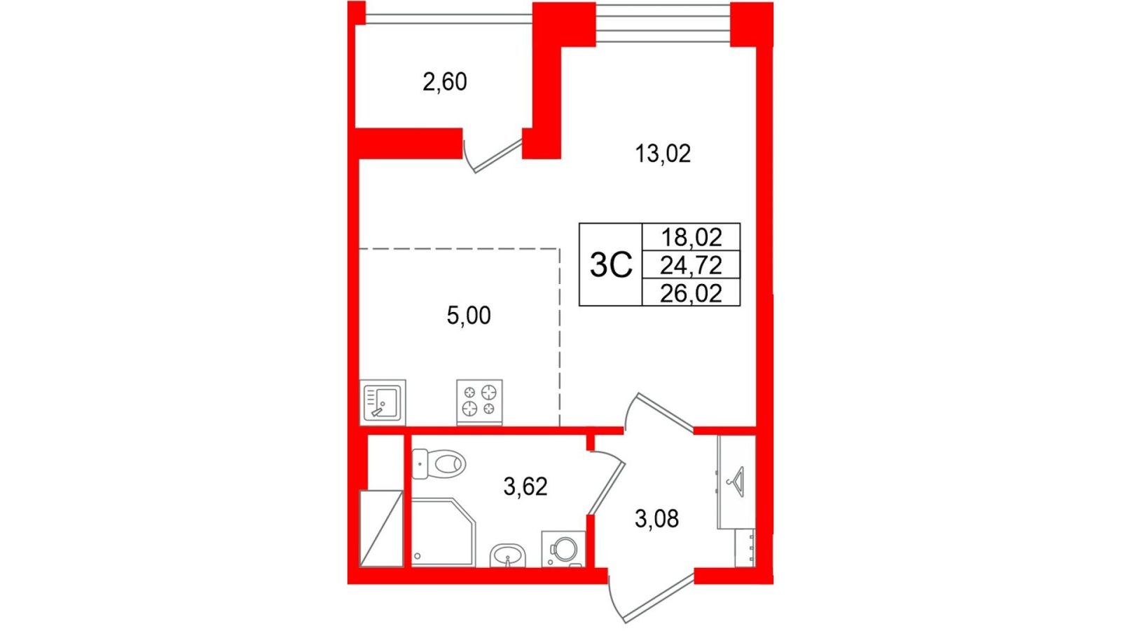 Планировка: студия, 24,7 м²