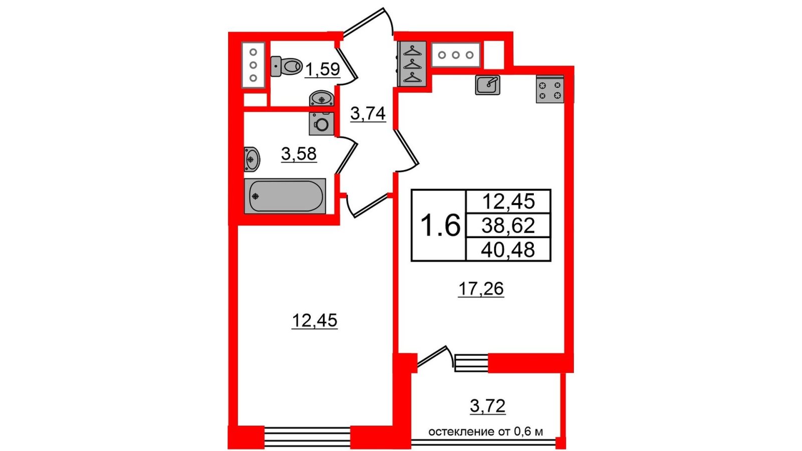 Планировка: 1-комнатная квартира, 38,6 м²