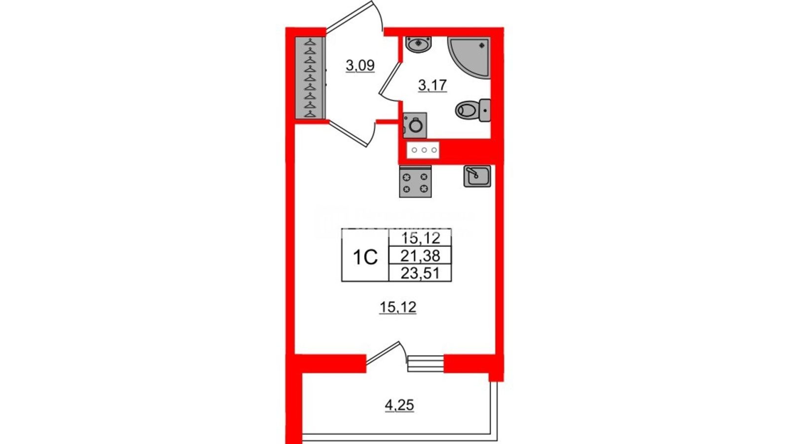 Планировка: студия, 21,4 м²
