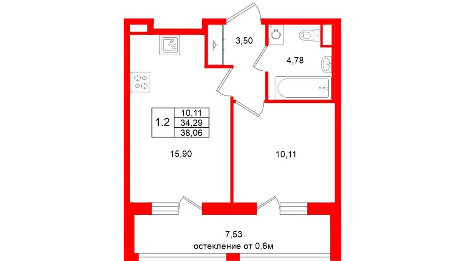 Планировка: 1-комнатная квартира, 34,3 м²