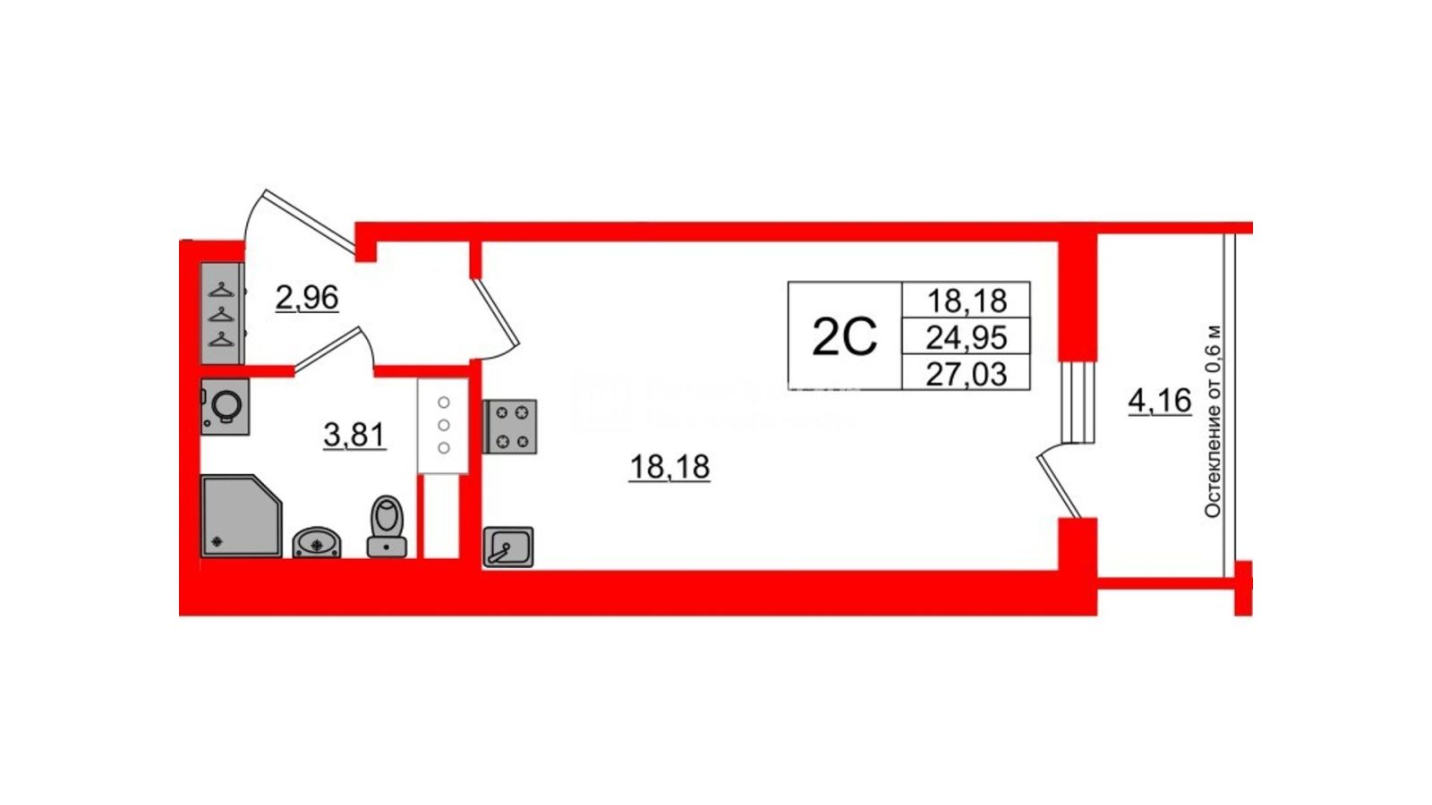 Планировка: студия, 25,0 м²