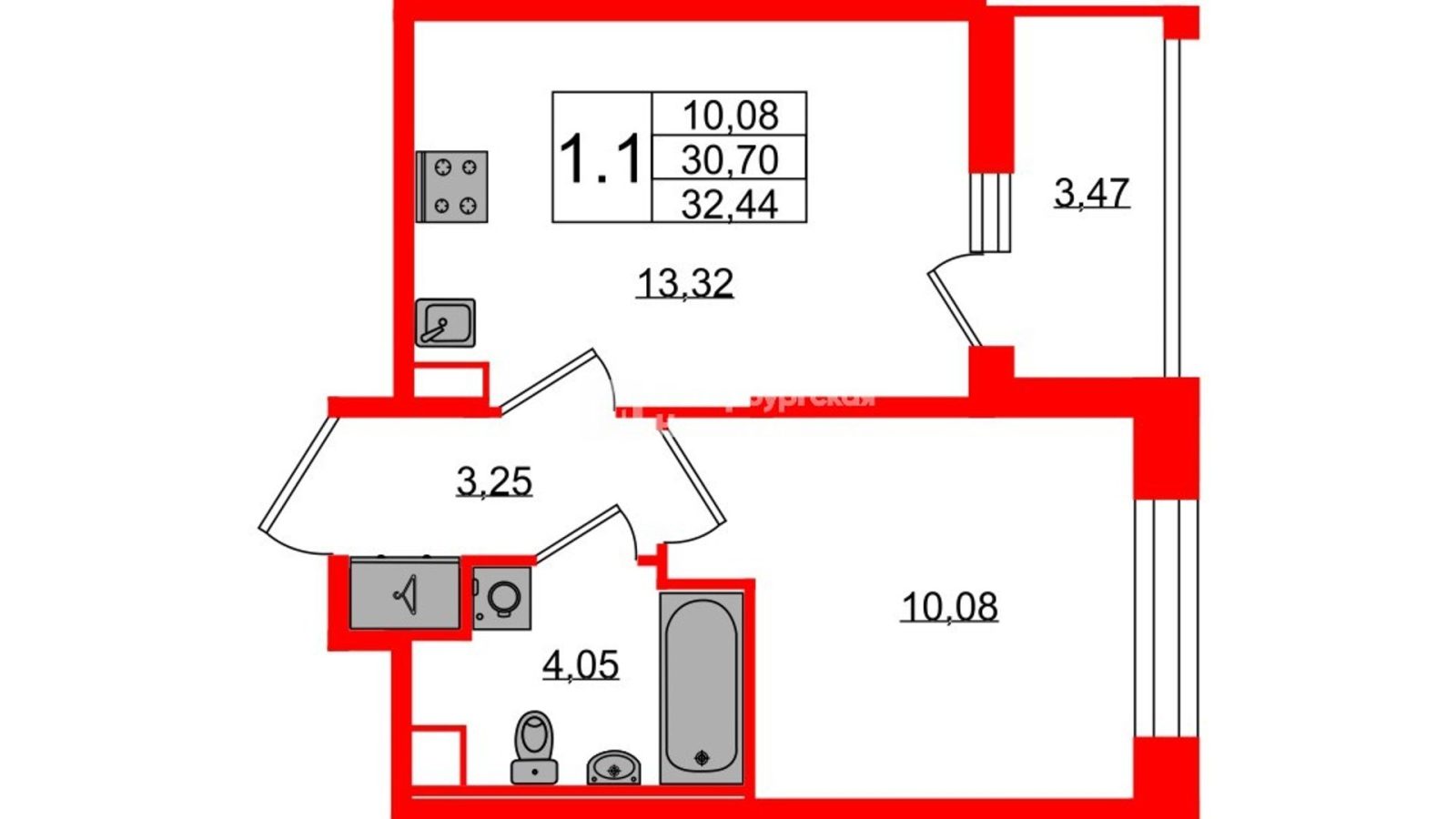 Планировка: 1-комнатная квартира, 30,7 м²