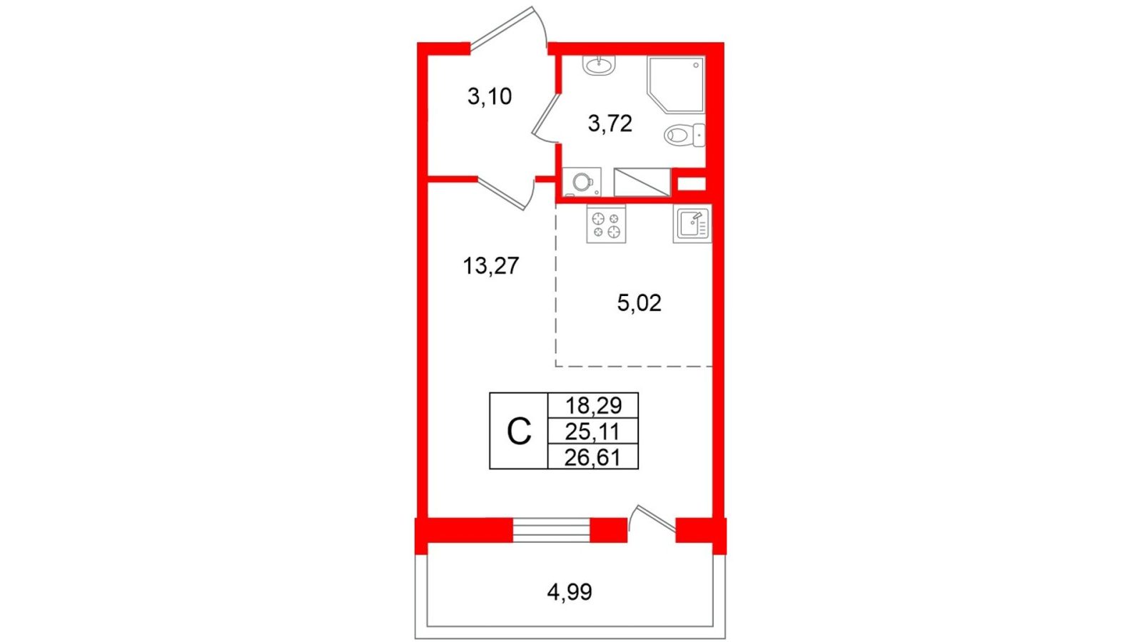 Планировка: студия, 25,1 м²
