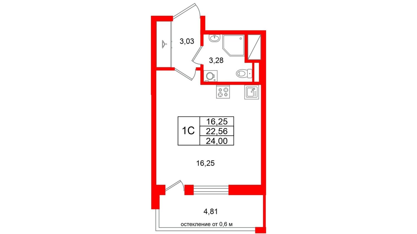 Планировка: студия, 22,6 м²