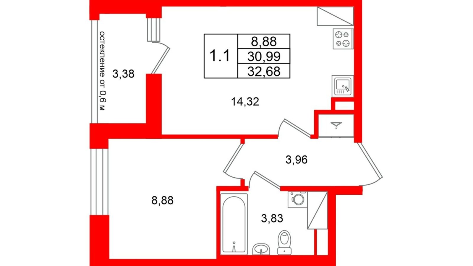 Планировка: 1-комнатная квартира, 31,0 м²