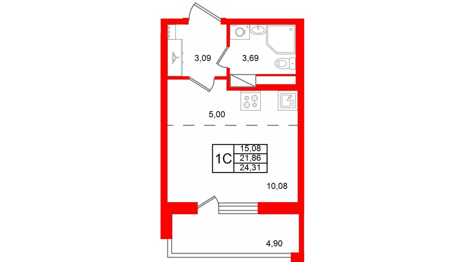 Планировка: студия, 21,9 м²