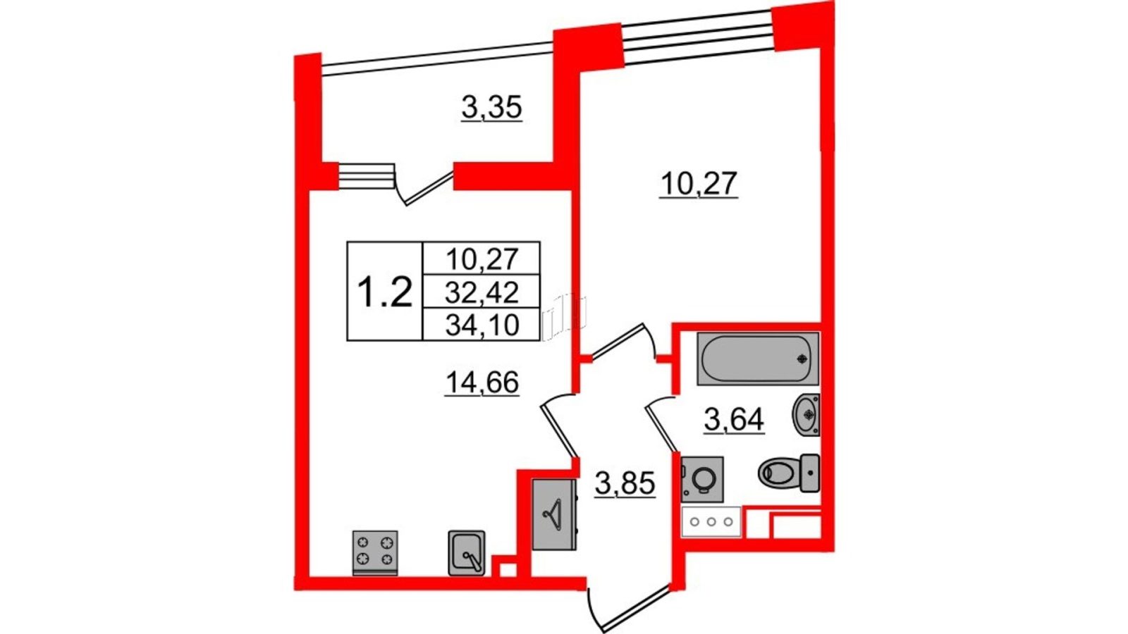 Планировка: 1-комнатная квартира, 32,4 м²
