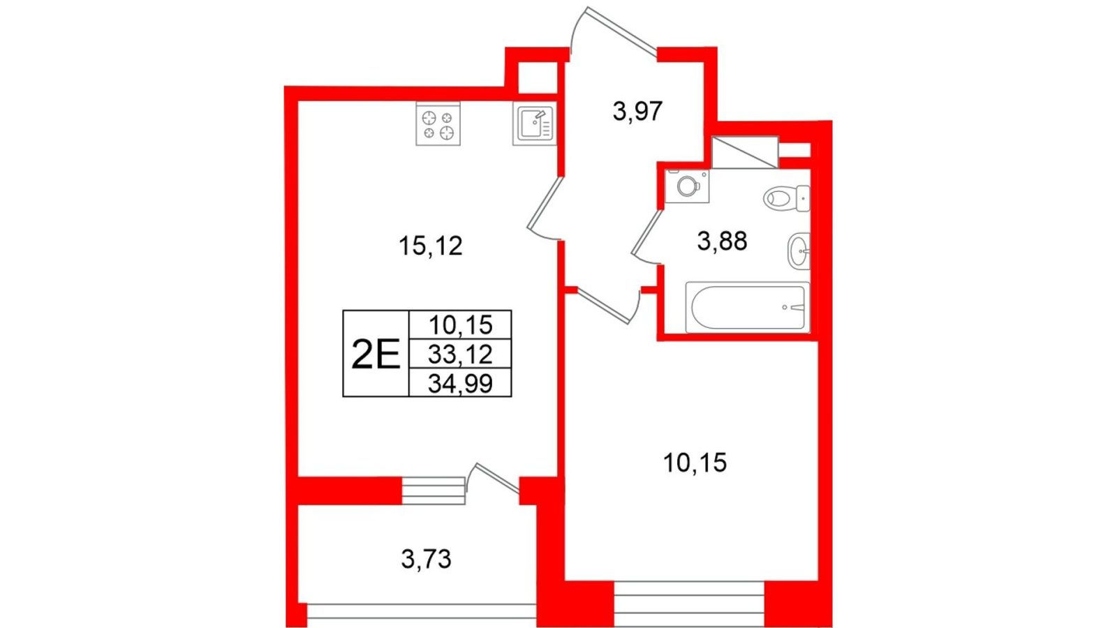 Планировка: 1-комнатная квартира, 33,1 м²