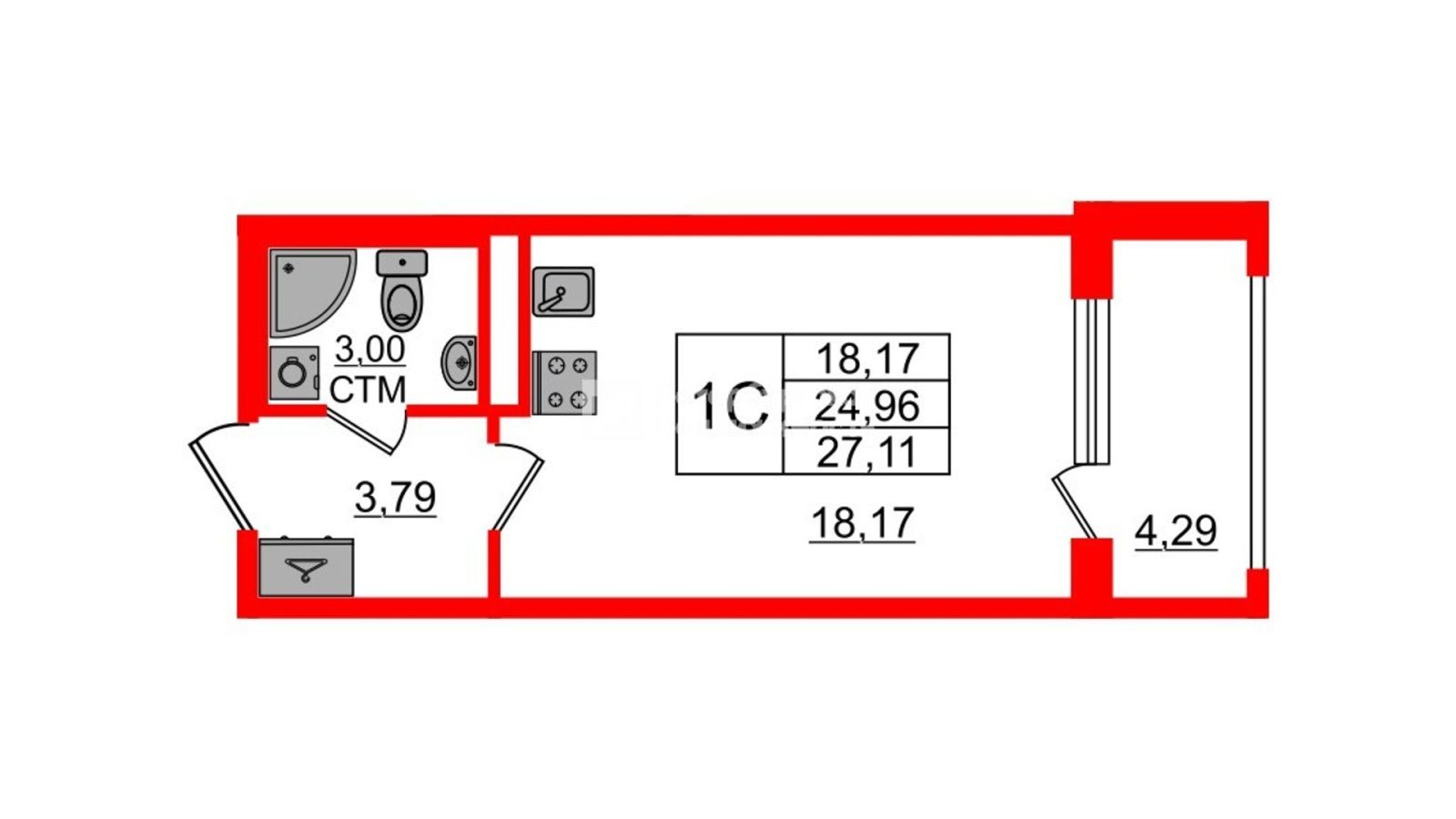 Планировка: студия, 25,0 м²