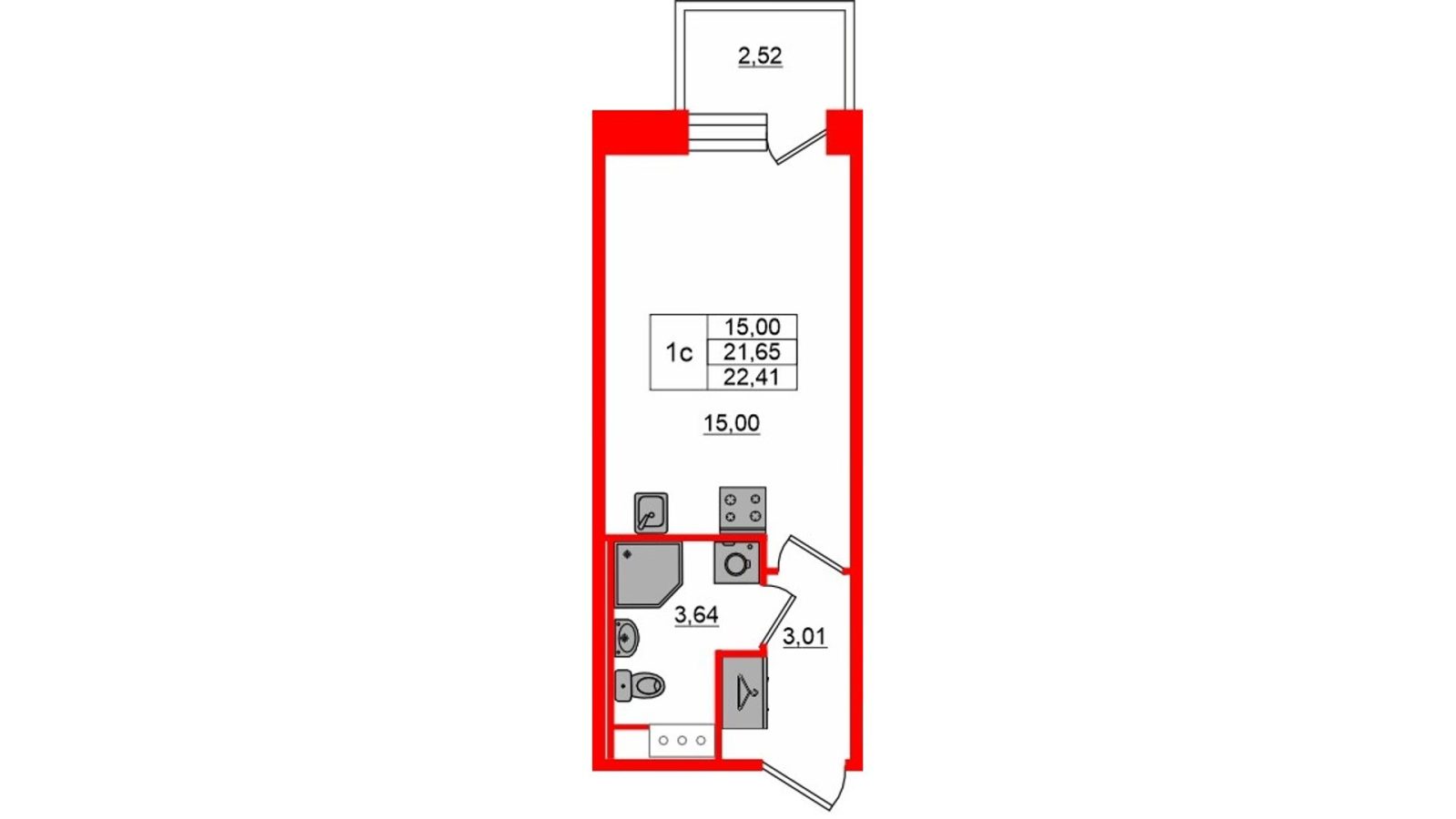 Планировка: студия, 21,7 м²