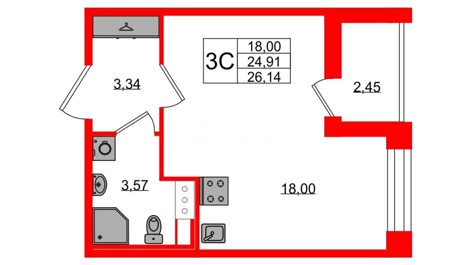 Планировка: студия, 24,9 м²
