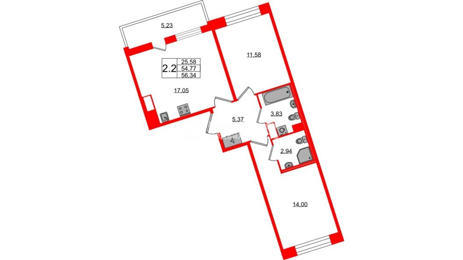 Планировка: 2-комнатная квартира, 54,8 м²
