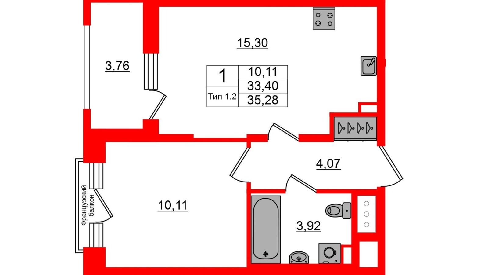 Планировка: 1-комнатная квартира, 33,4 м²