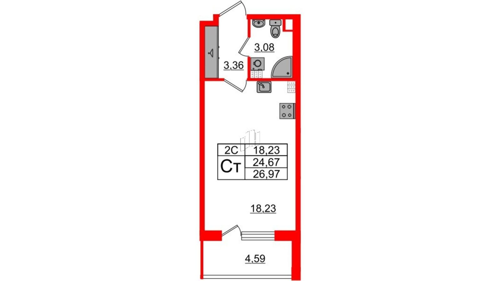 Планировка: студия, 24,7 м²