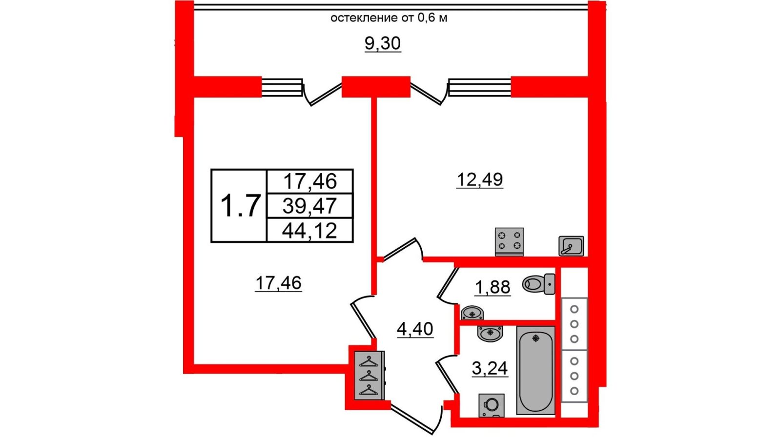 Планировка: 1-комнатная квартира, 39,5 м²