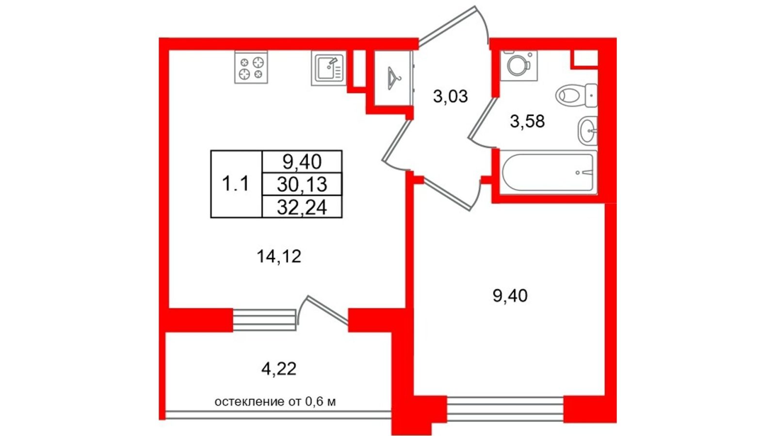 Планировка: 1-комнатная квартира, 30,1 м²