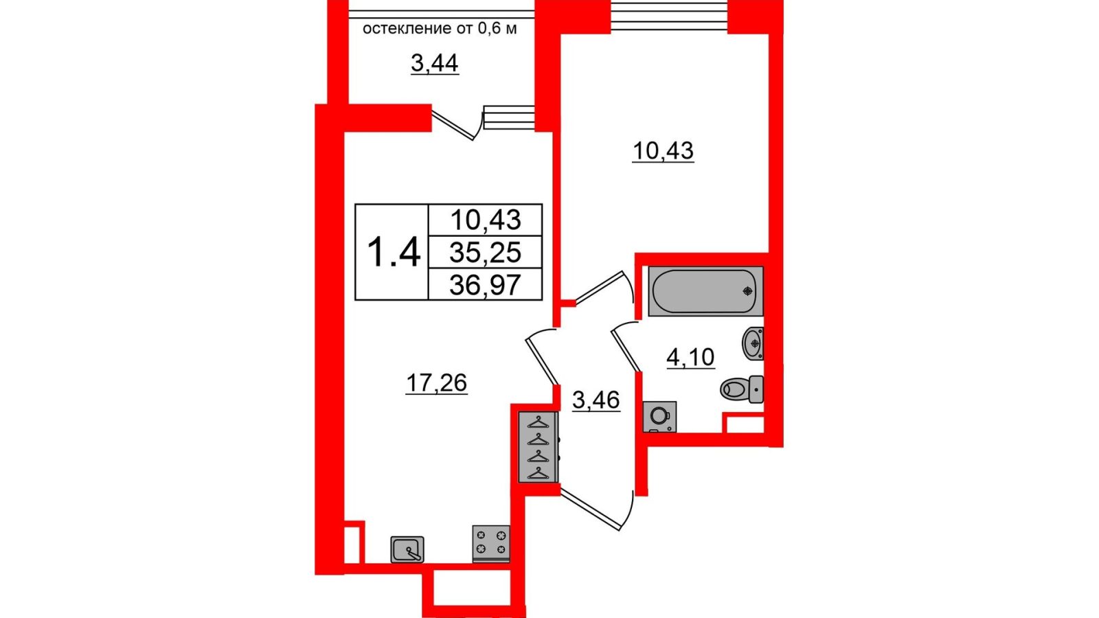 Планировка: 1-комнатная квартира, 35,3 м²