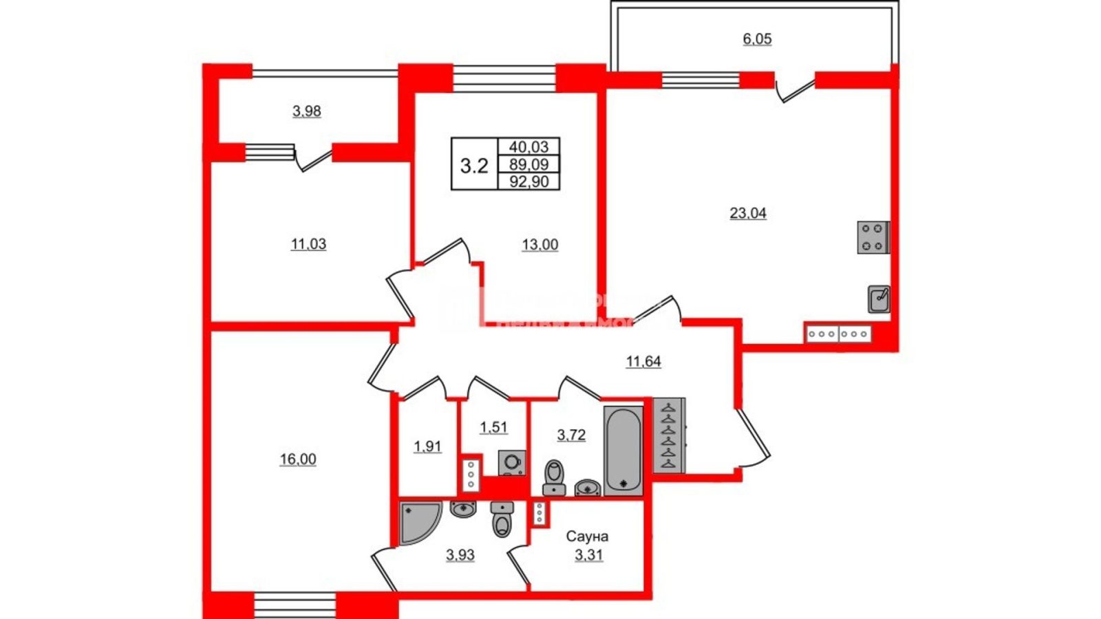 Планировка: 3-комнатная квартира, 89,1 м²