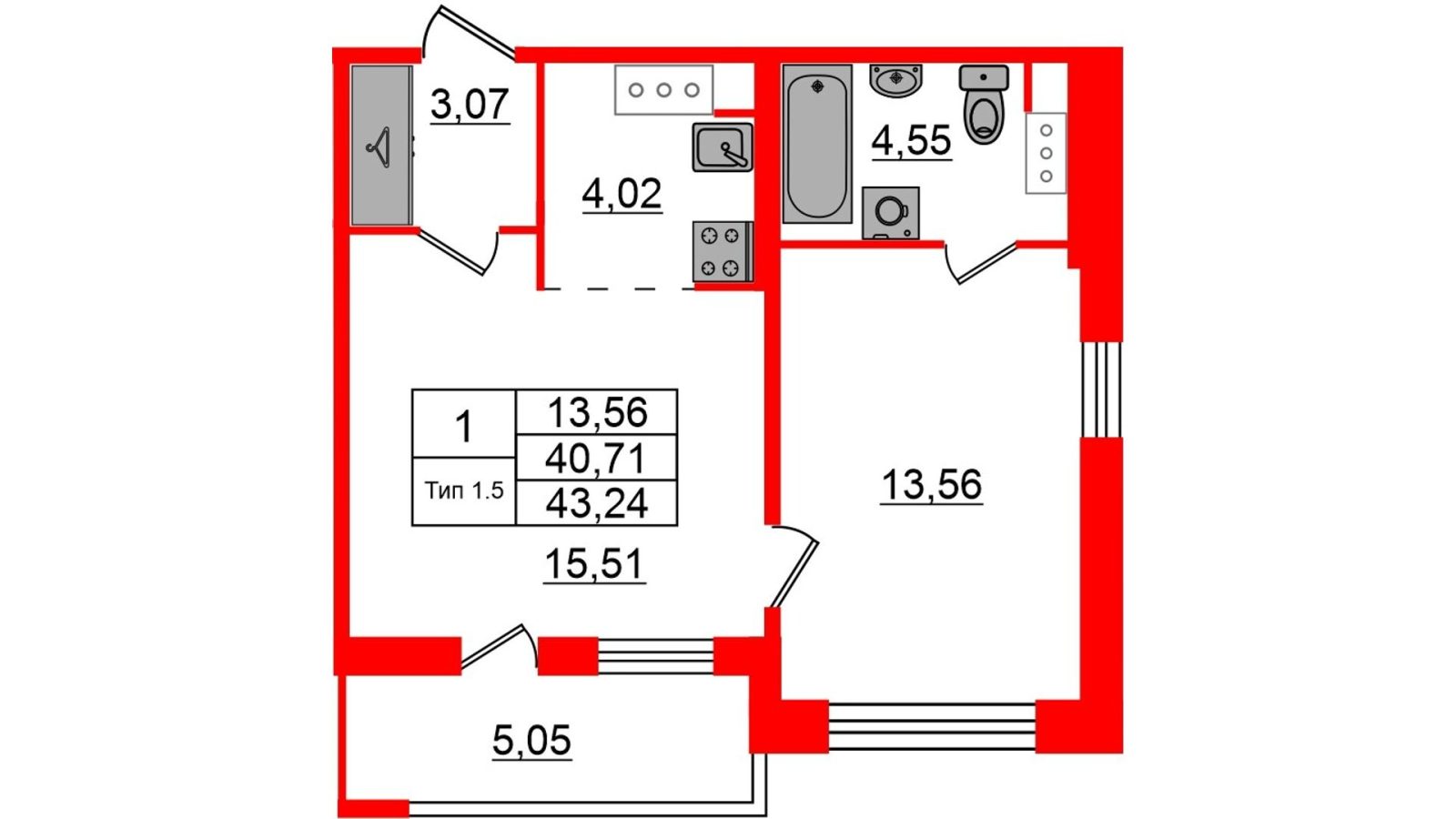 Планировка: 1-комнатная квартира, 40,7 м²