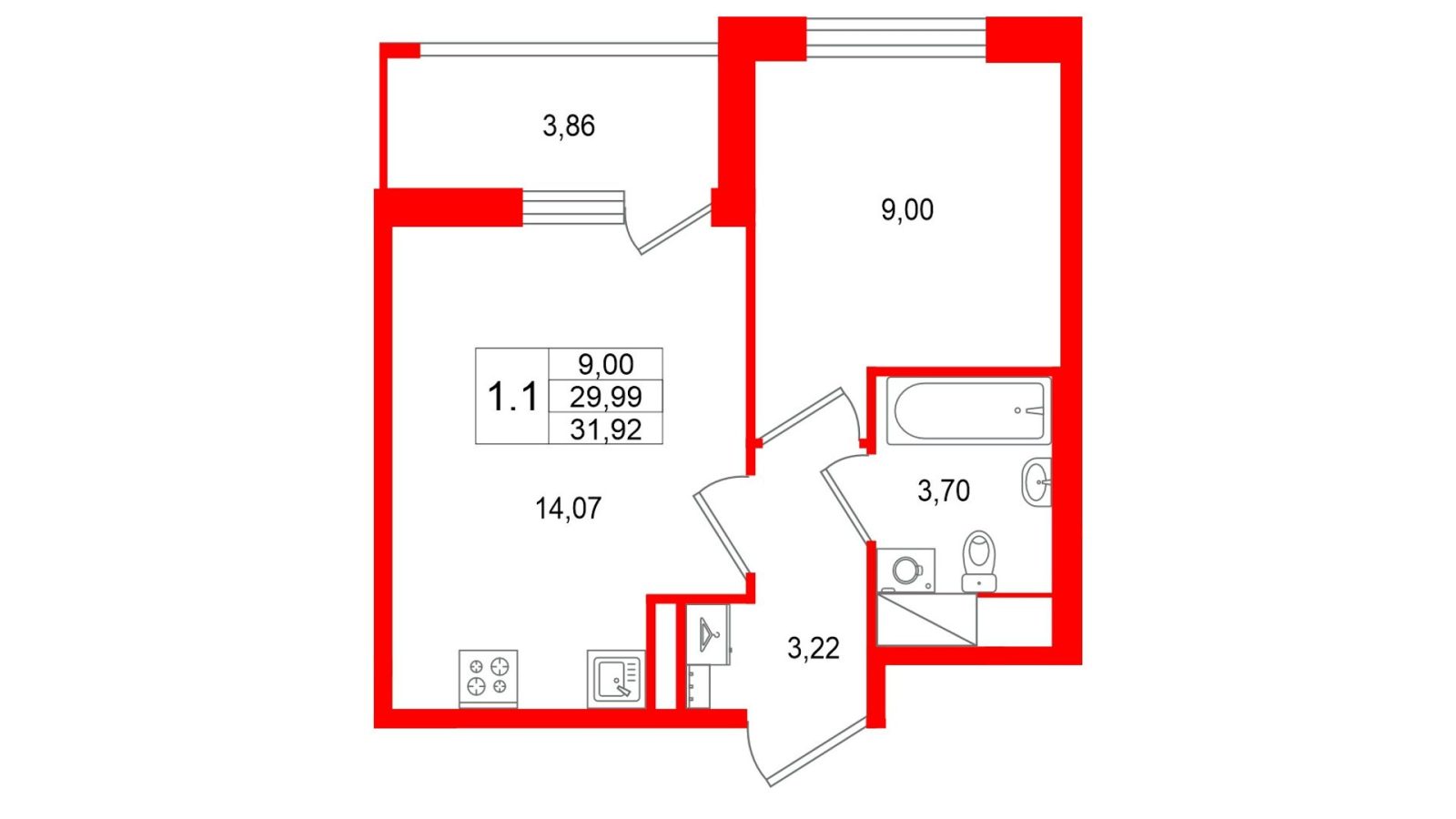 Планировка: 1-комнатная квартира, 30,0 м²